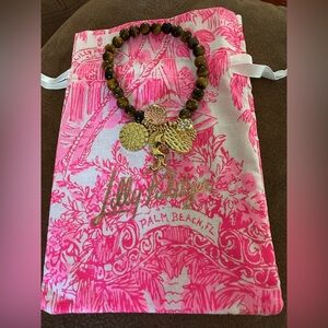 NWOT Lilly Pulitzer Tiger Eye Beaded Bracelet with Gold and Rhinestone Charms